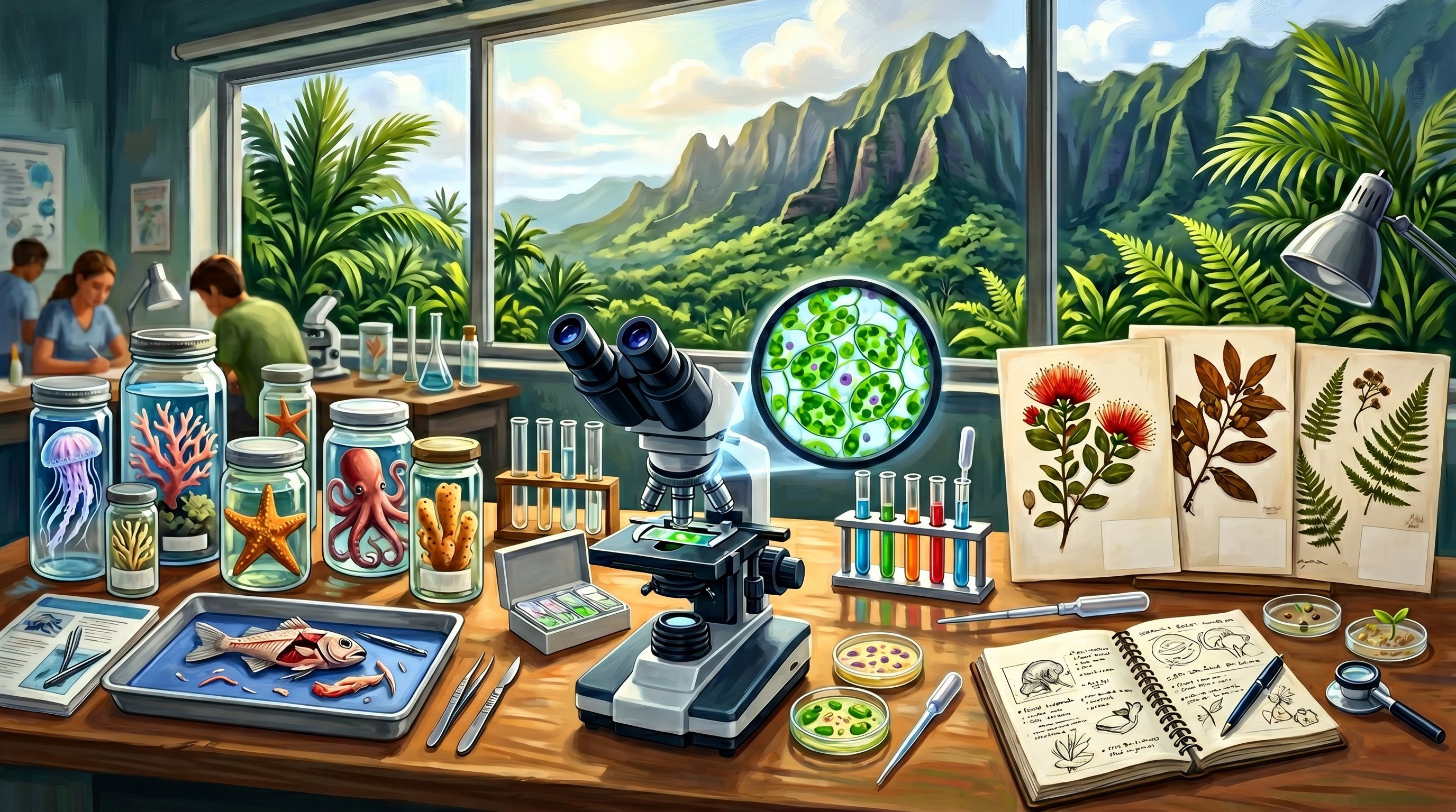 Biology lab bench with microscope, marine specimens, and Hawaiian mountain view