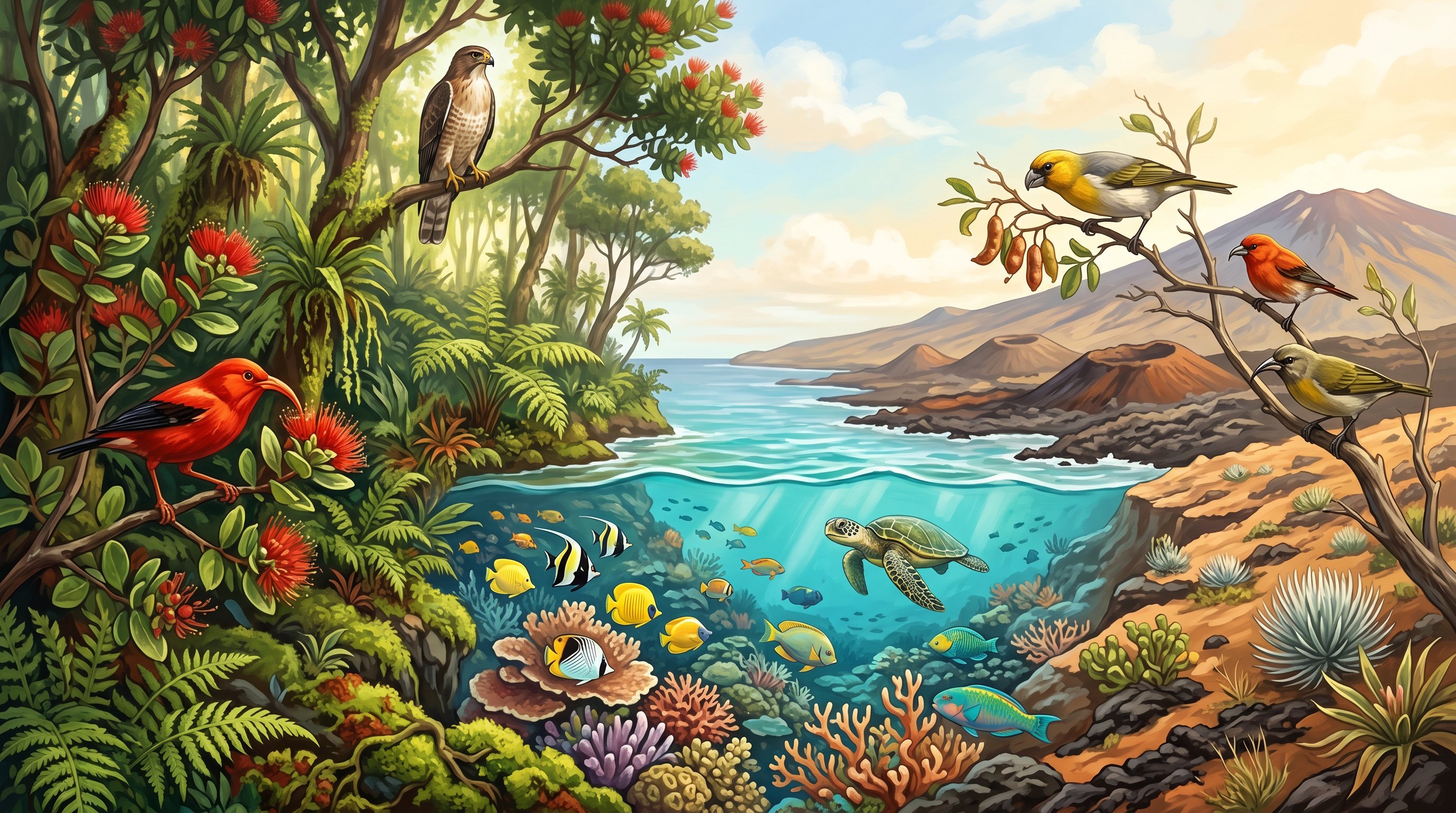 Hawaiian ecology showing native birds, coral reef, and volcanic landscape