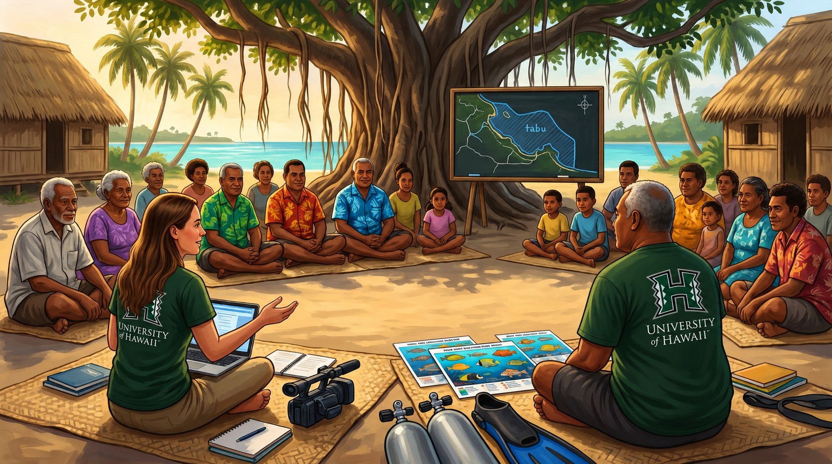 Pacific Island village at sunset with community fishing in lagoon