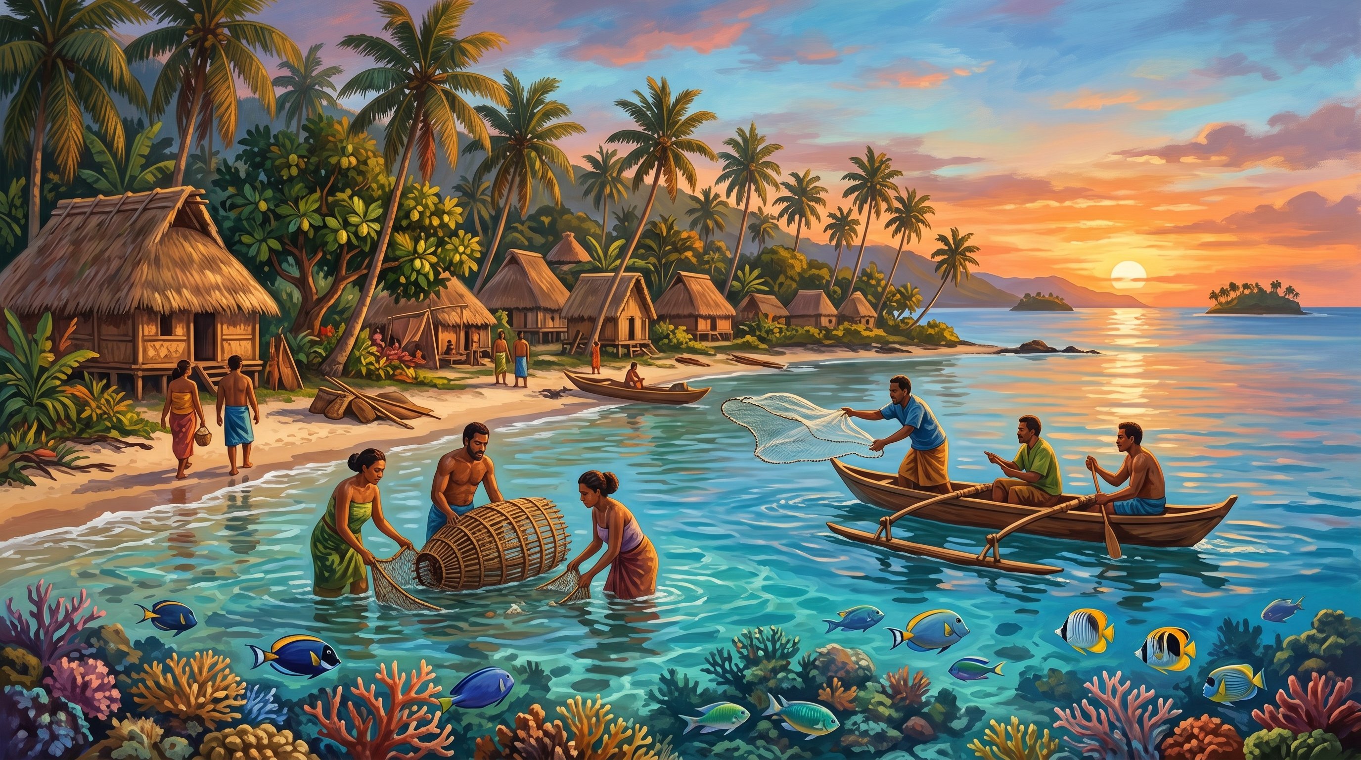 Fijian village community meeting with researchers under a banyan tree, showing tabu boundary map, laptops, scuba gear, and fish identification posters
