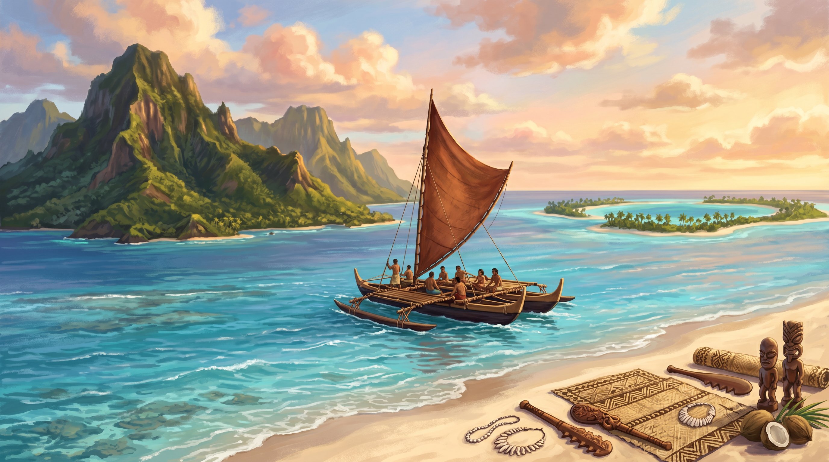 Pacific voyaging canoe at sunset with volcanic islands and cultural artifacts