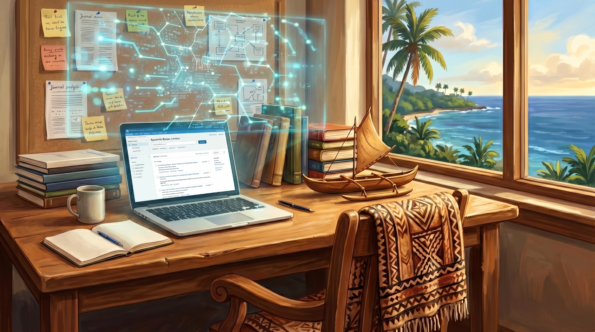 University library with laptop, books, and Pacific outrigger canoe model